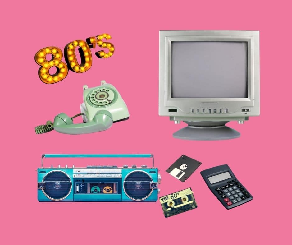 Datamaskin, telefon, kasettspiller og kalkulator for 80-tallet.
